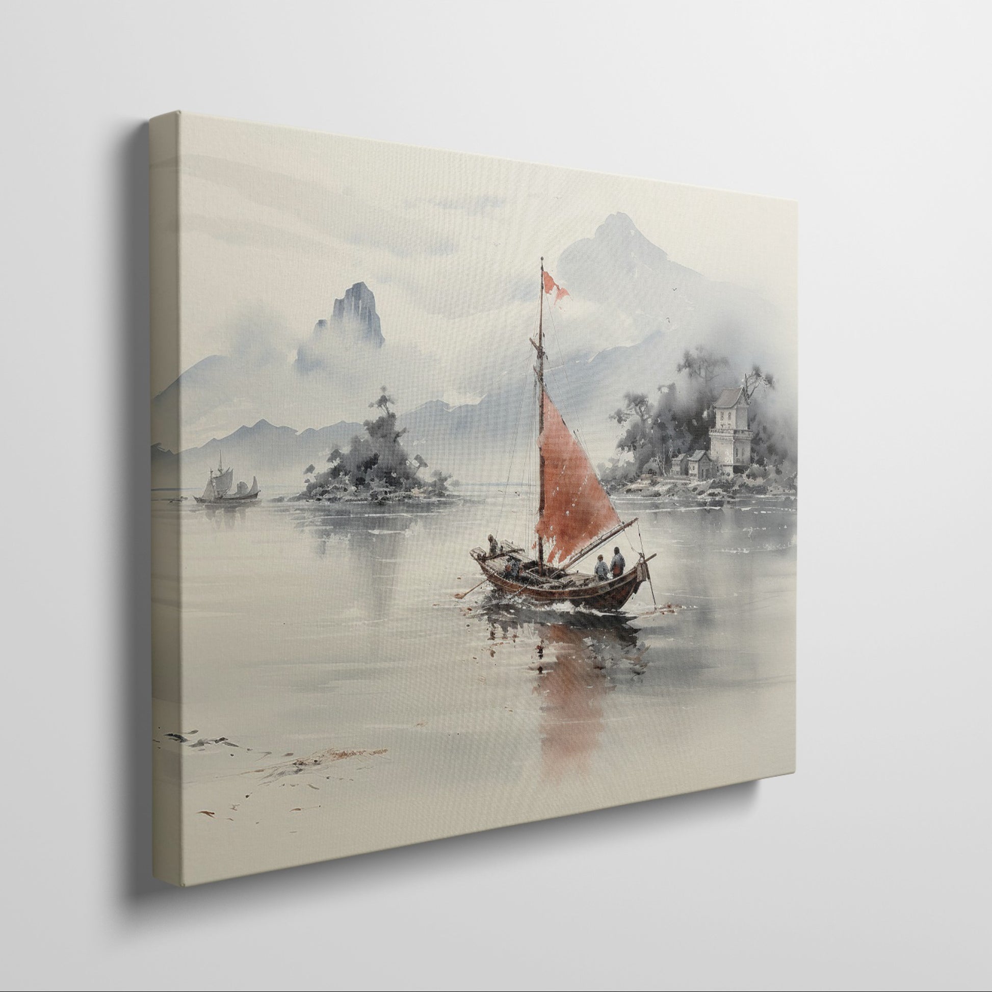 Framed canvas print of traditional Chinese painting featuring a sailboat, misty mountains, and historical architecture