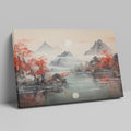 Framed canvas print of Oriental landscape with red autumn leaves and mountain reflections