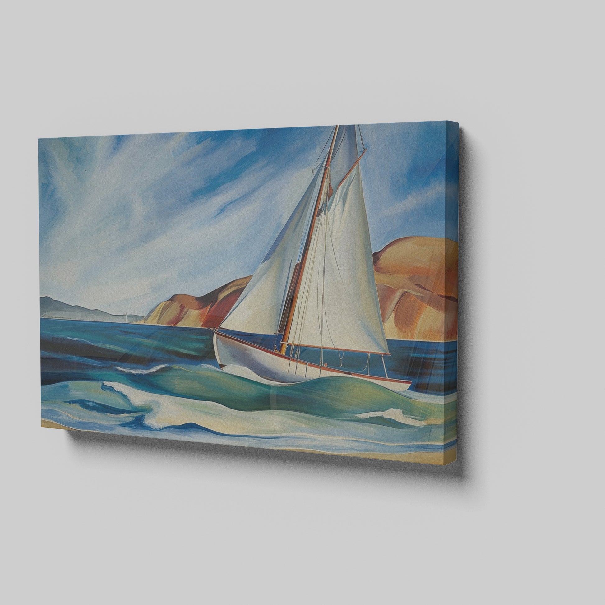 Framed canvas print of a vibrant sailboat sailing near a coastline with blue skies