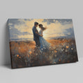 Framed canvas print of a couple embracing in a field at sunset with vibrant colours