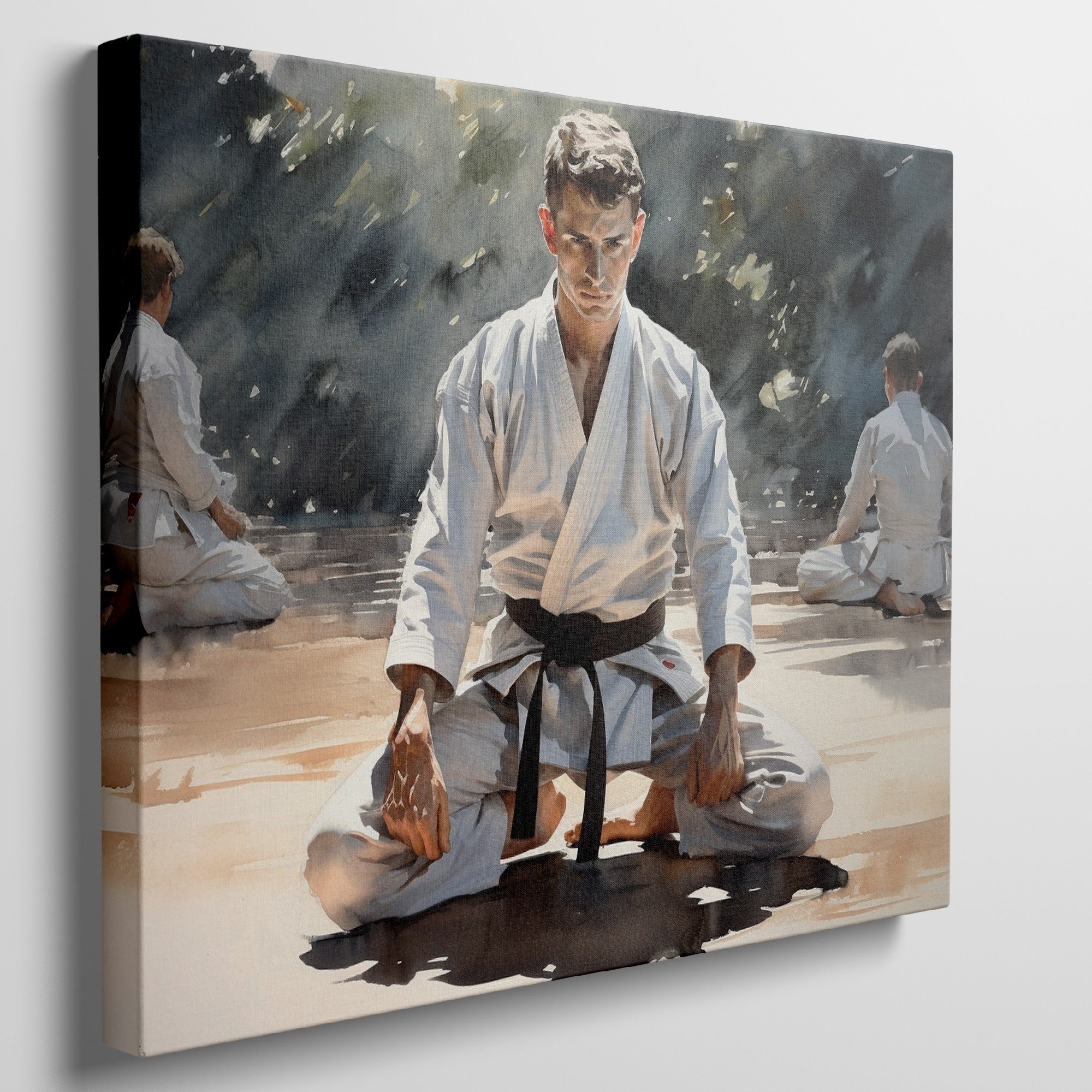 Framed canvas print of martial artists in meditation at a dojo