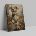 Framed canvas print of a cheerful dog surrounded by autumn leaves in a woodland setting