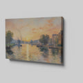 Framed canvas print of an Impressionist-style river scene with a sunset, reflective water and boats