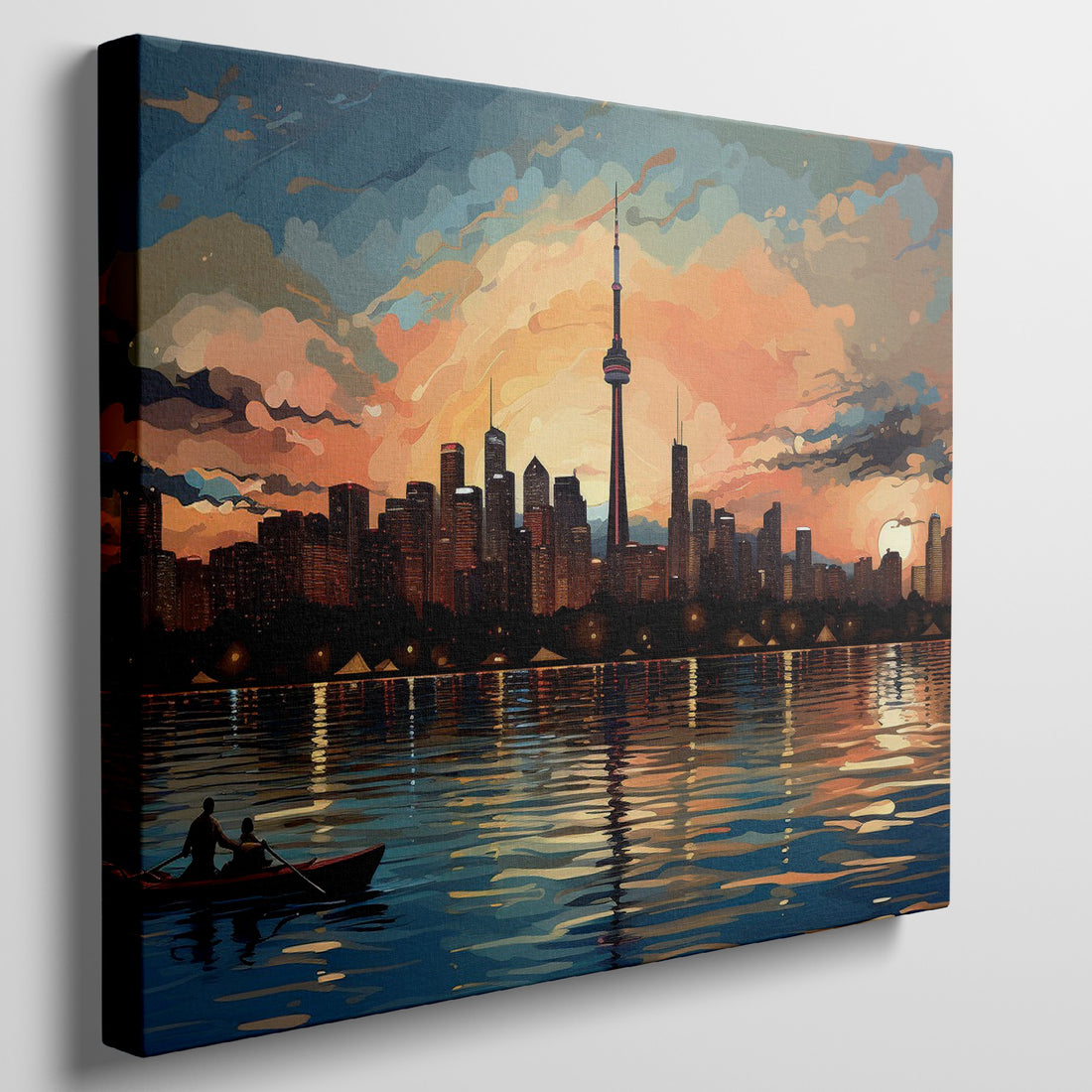 Framed canvas print of a colourful city skyline at sunset with reflections on the water and a rowboat