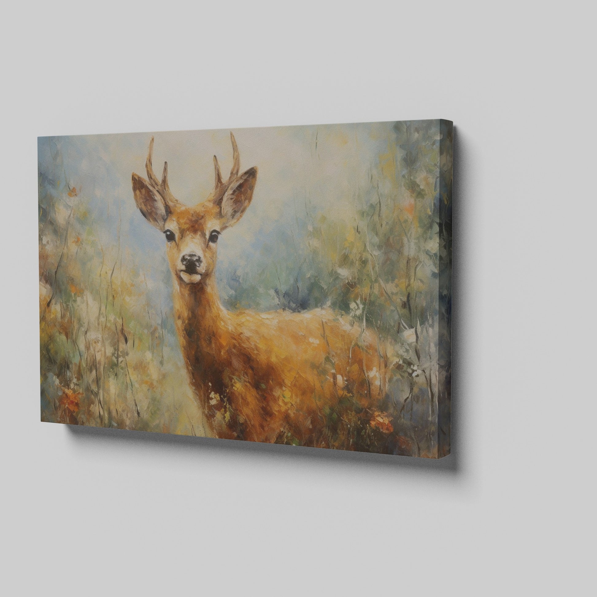 Framed canvas print of an impressionist painting of a deer with autumn colours