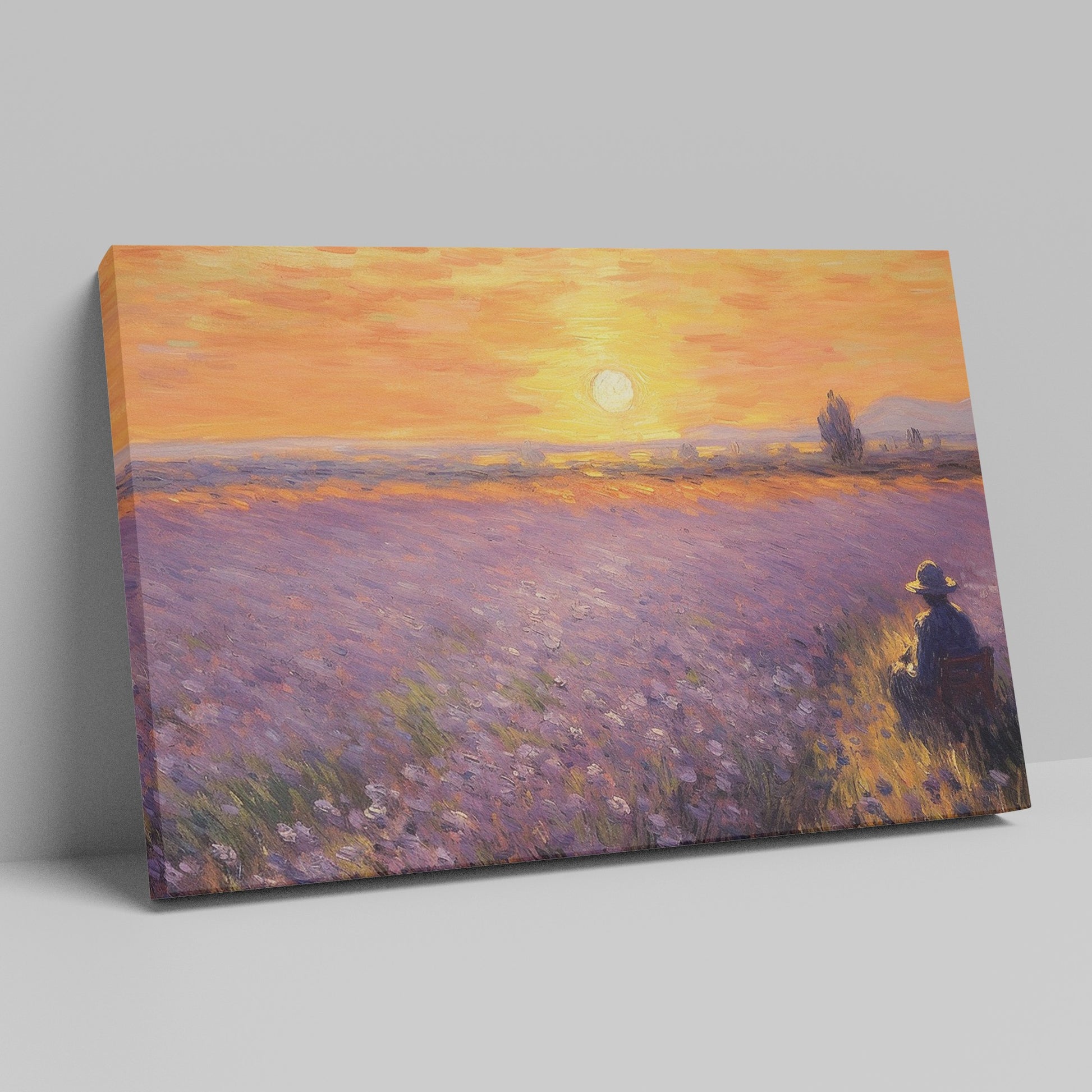 Framed canvas print of an impressionist lavender field with a person at sunset displaying warm sunset colours