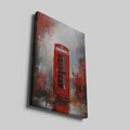 Framed canvas print of a London red telephone box with abstract splatter textures in shades of red, grey, and black