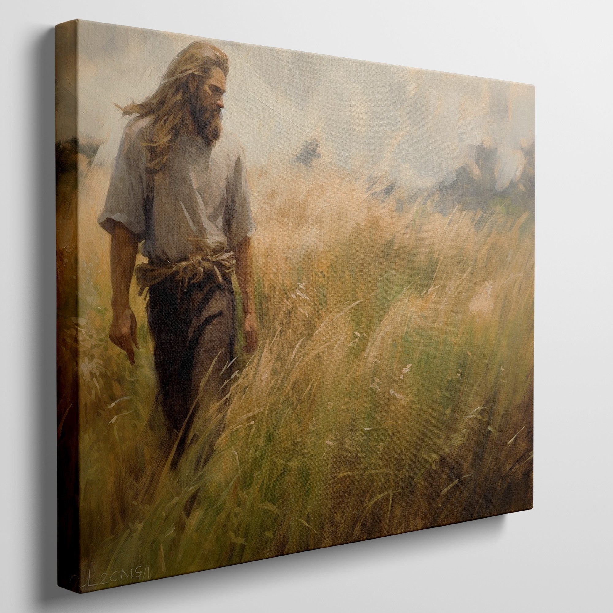 Framed canvas print of a man walking through a golden wheat field during sunset with a rustic feel