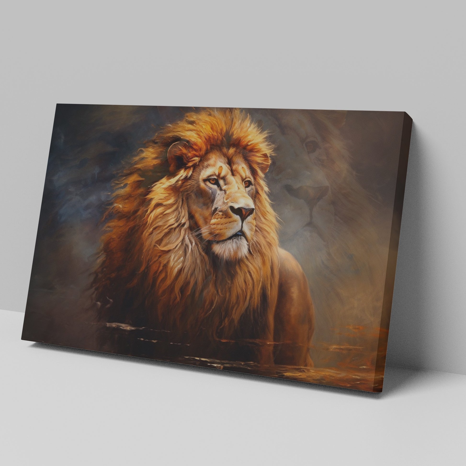 Framed canvas print of a majestic lion portrait, with detailed mane and warm earthy colours