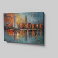 Framed canvas print of an abstract impressionistic sunset marina with a sailing boat and city silhouette