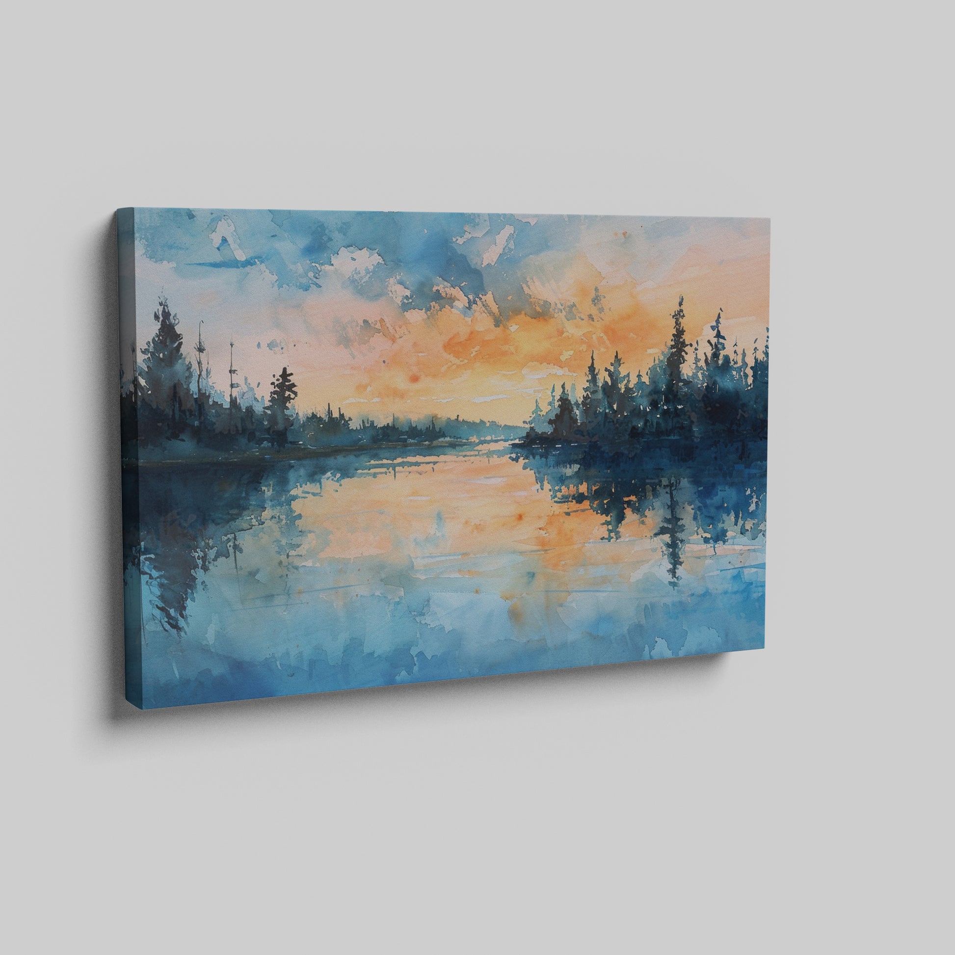 Framed canvas print of a watercolour painting with sunset over a lake and forest silhouette