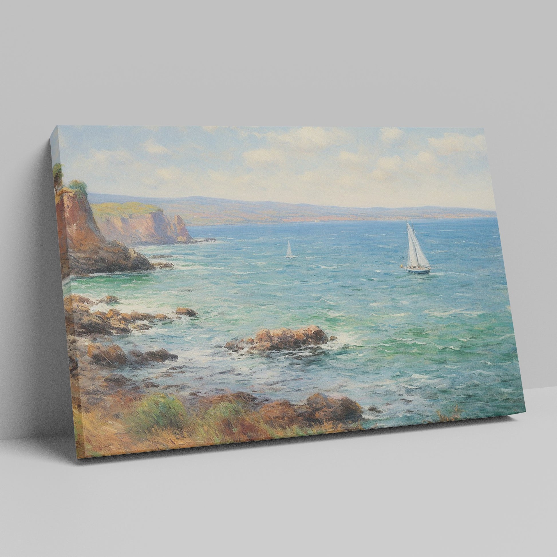 Framed canvas print of an impressionist painting depicting sailing boats on a serene sea beside a coastal cliff