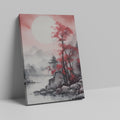 Framed canvas print of Asian-inspired landscape with crimson tree and misty mountains