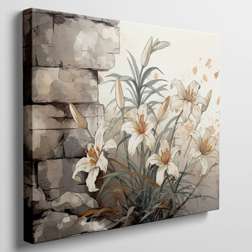 Framed canvas print of elegant white lilies with a rustic textured background in warm earthy tones