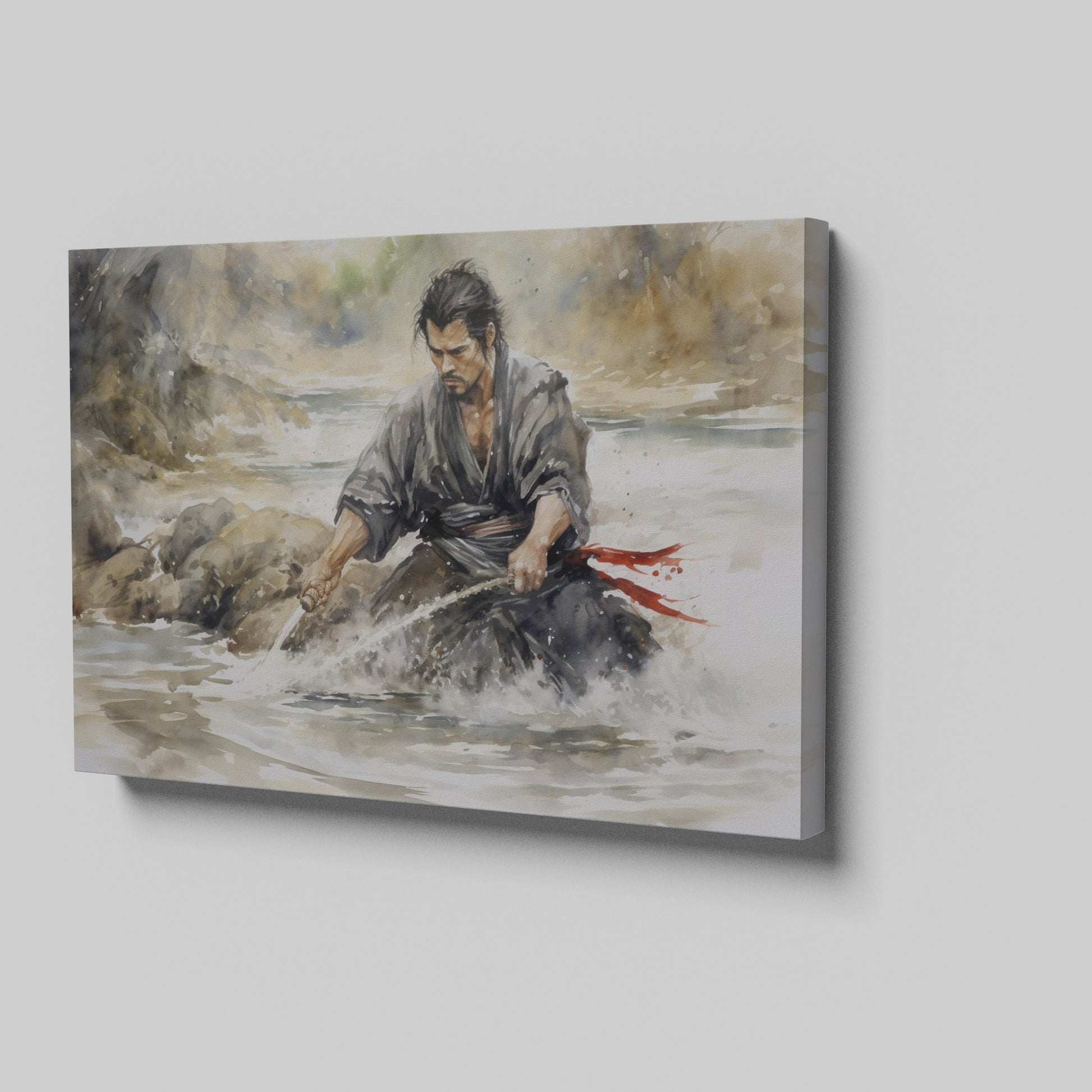 Framed canvas print of a Japanese Samurai warrior in battle stance with a katana sword, depicted in watercolour style