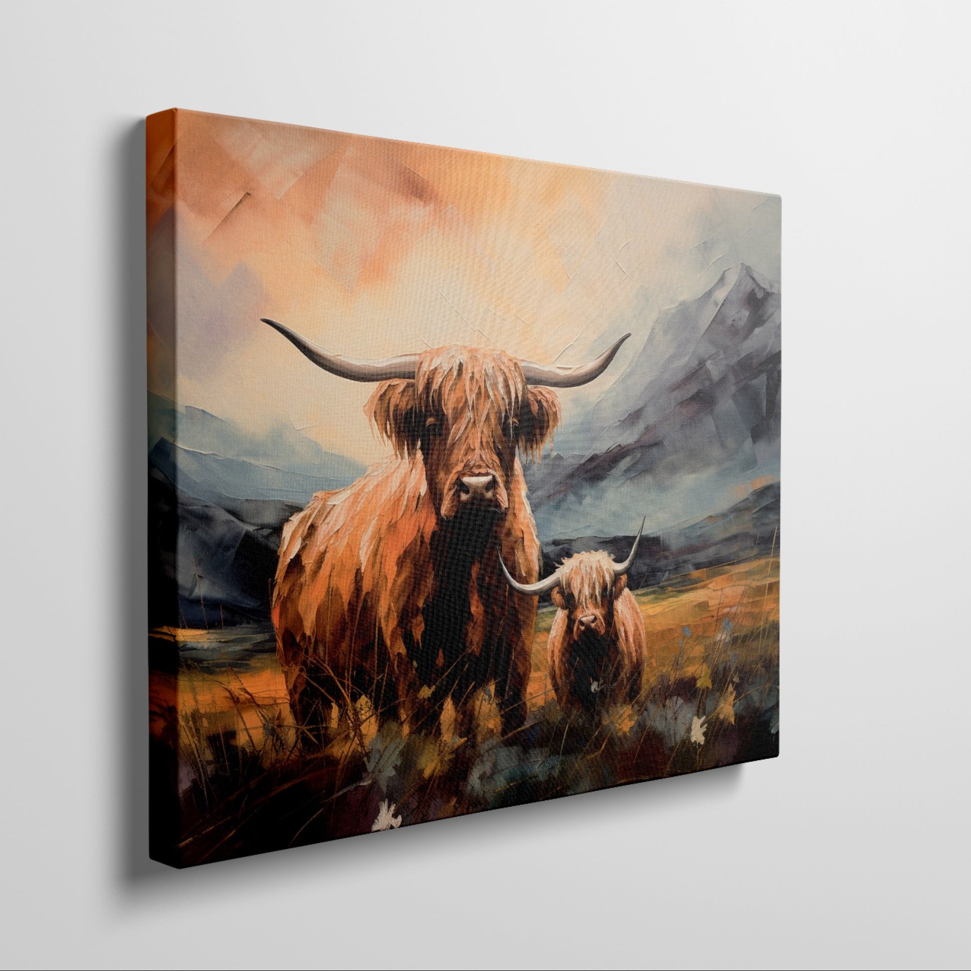 Framed canvas print featuring vibrant Highland cattle with mountain landscape