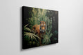 Framed canvas print of a majestic tiger amidst vibrant green tropical foliage