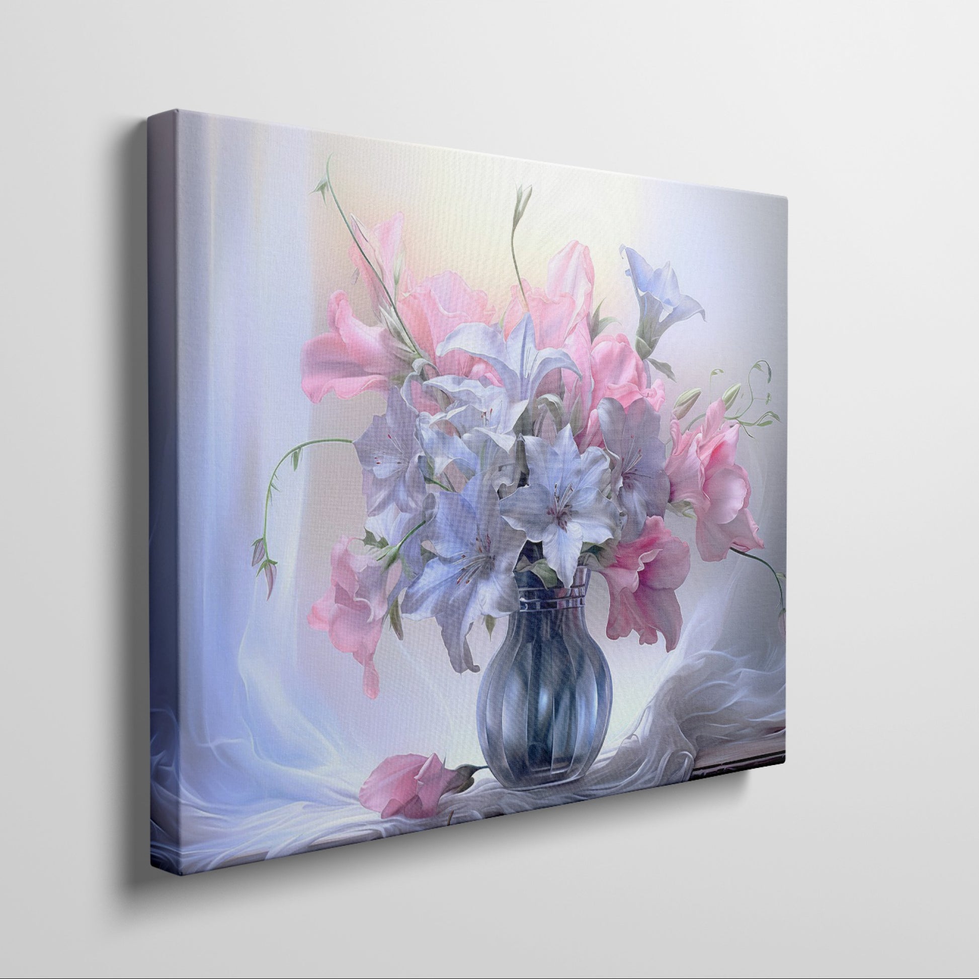 Framed canvas print of a realistic floral still life with pastel pink and blue flowers in a vase