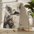 Framed canvas print of a majestic bird in flight with Asian inspired watercolour background