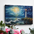 Framed canvas print of an impressionist lighthouse seascape with textured brushwork and dynamic ocean waves