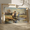 Framed canvas print of two horses by a creek in an impressionist style with warm autumn hues