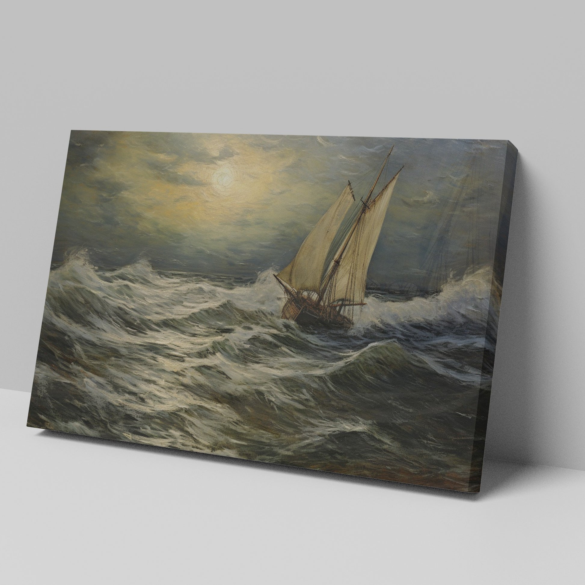 Framed canvas print of a classic maritime seascape with a sailing ship braving tumultuous ocean waves under a cloudy golden sky.