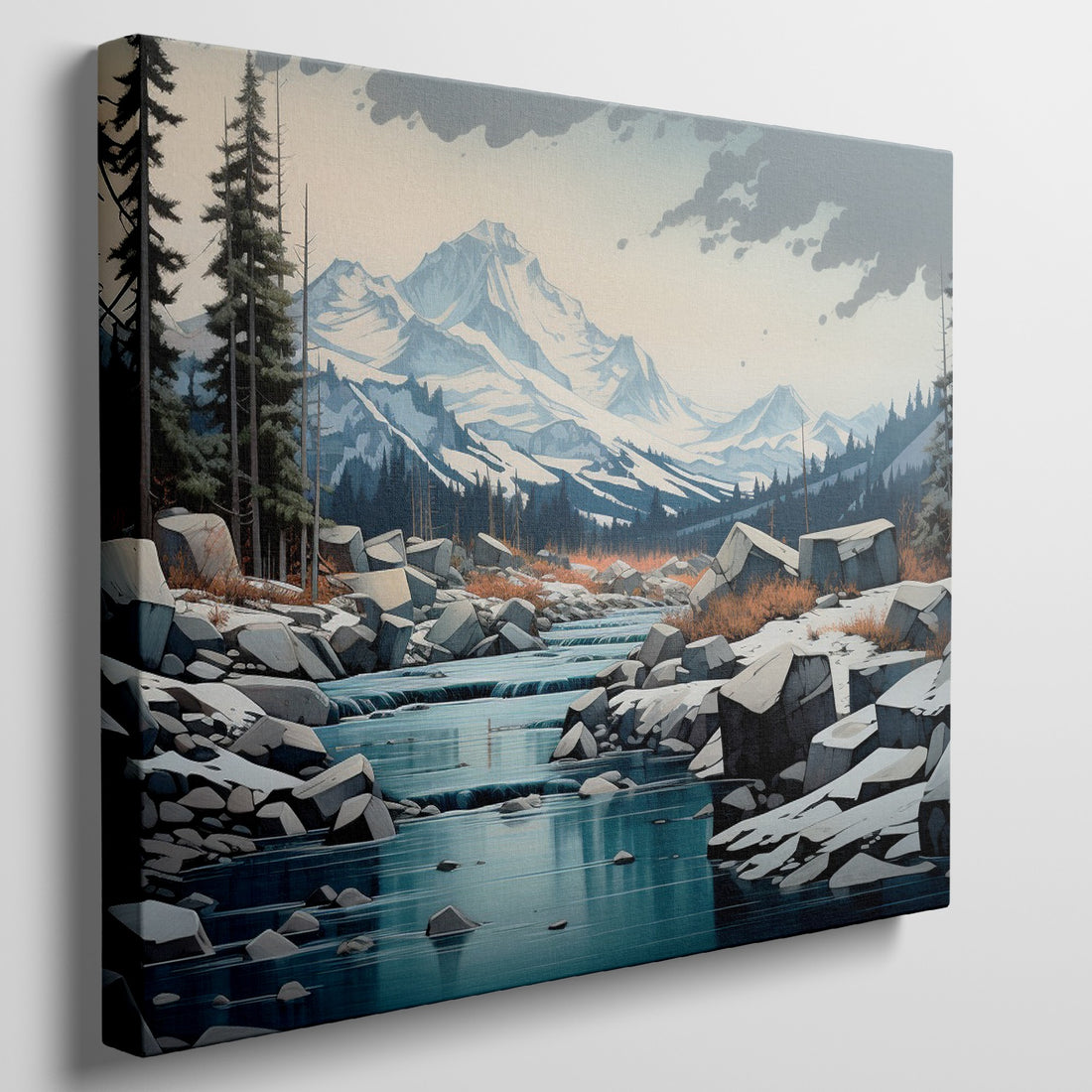 Framed canvas print of a serene mountain landscape with snow-covered peaks, a flowing river, and a forest in digital art style.