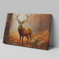 Framed canvas print of a majestic stag in an autumn forest with golden light