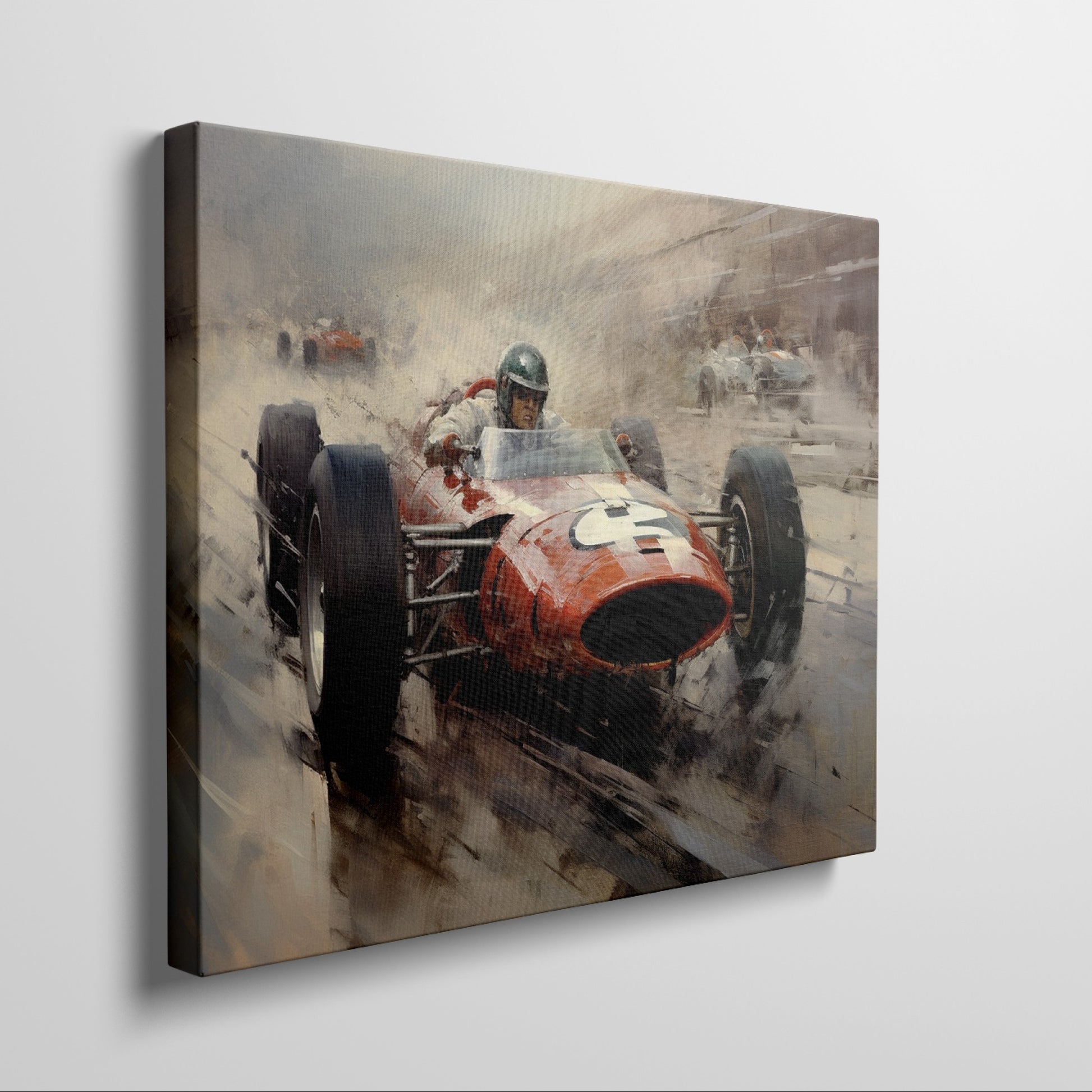 Framed canvas print of a classic Formula One race with vibrant orange racecar in dynamic motion