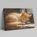 Framed canvas print of a realistic sleeping tabby cat in warm, sunlit tones