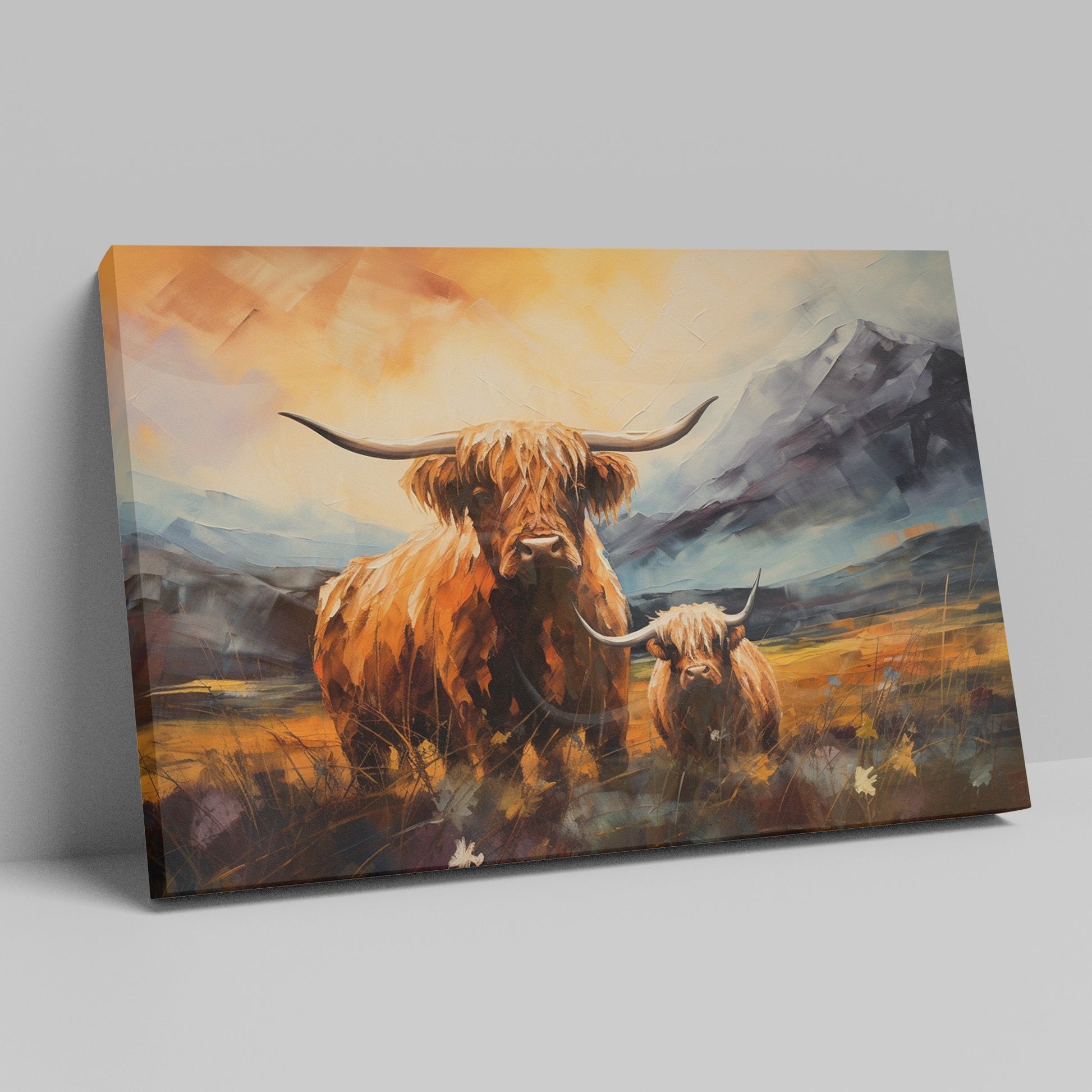 Framed canvas print featuring vibrant Highland cattle with mountain landscape