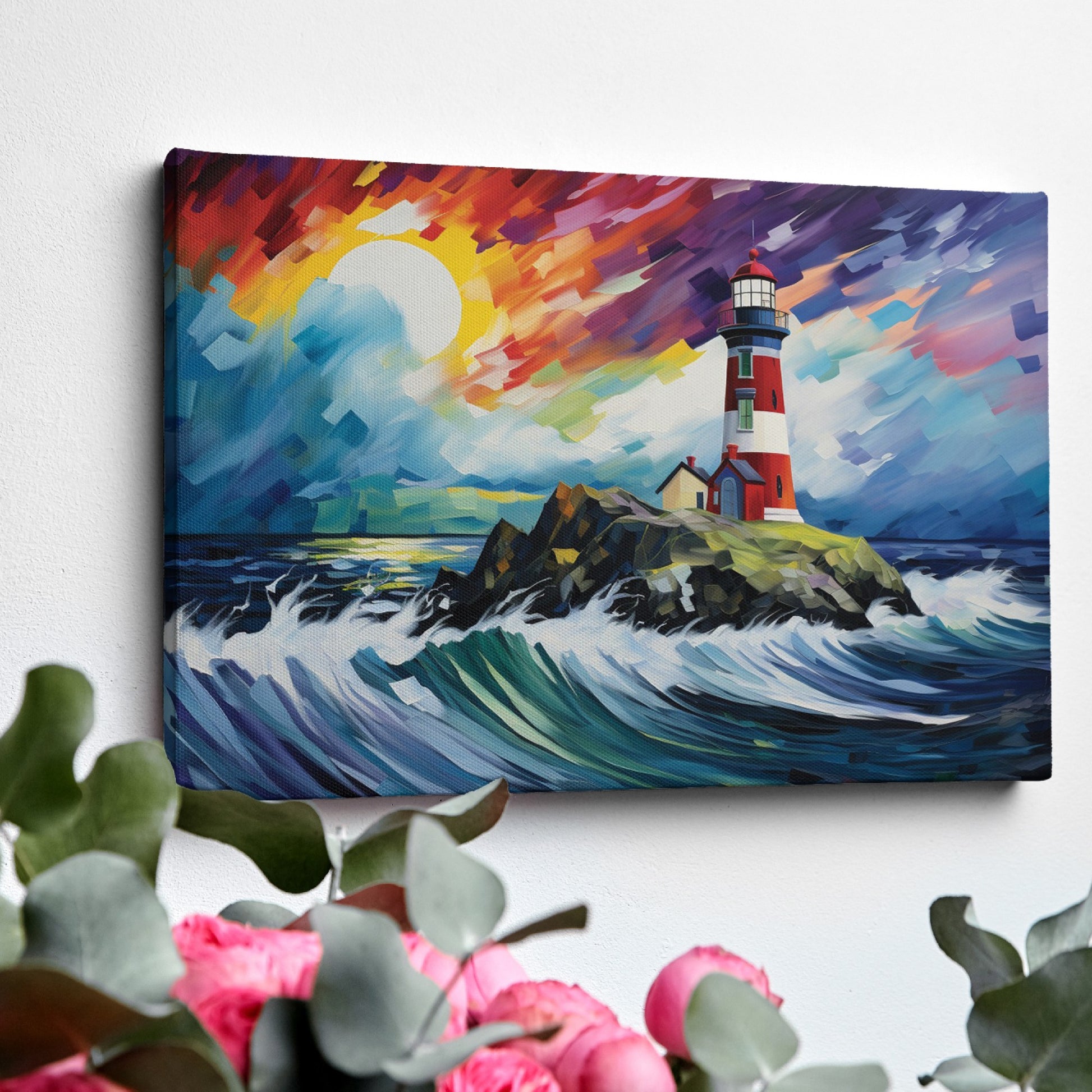 Abstract painting of a lighthouse with colorful brush strokes representing waves and sunset