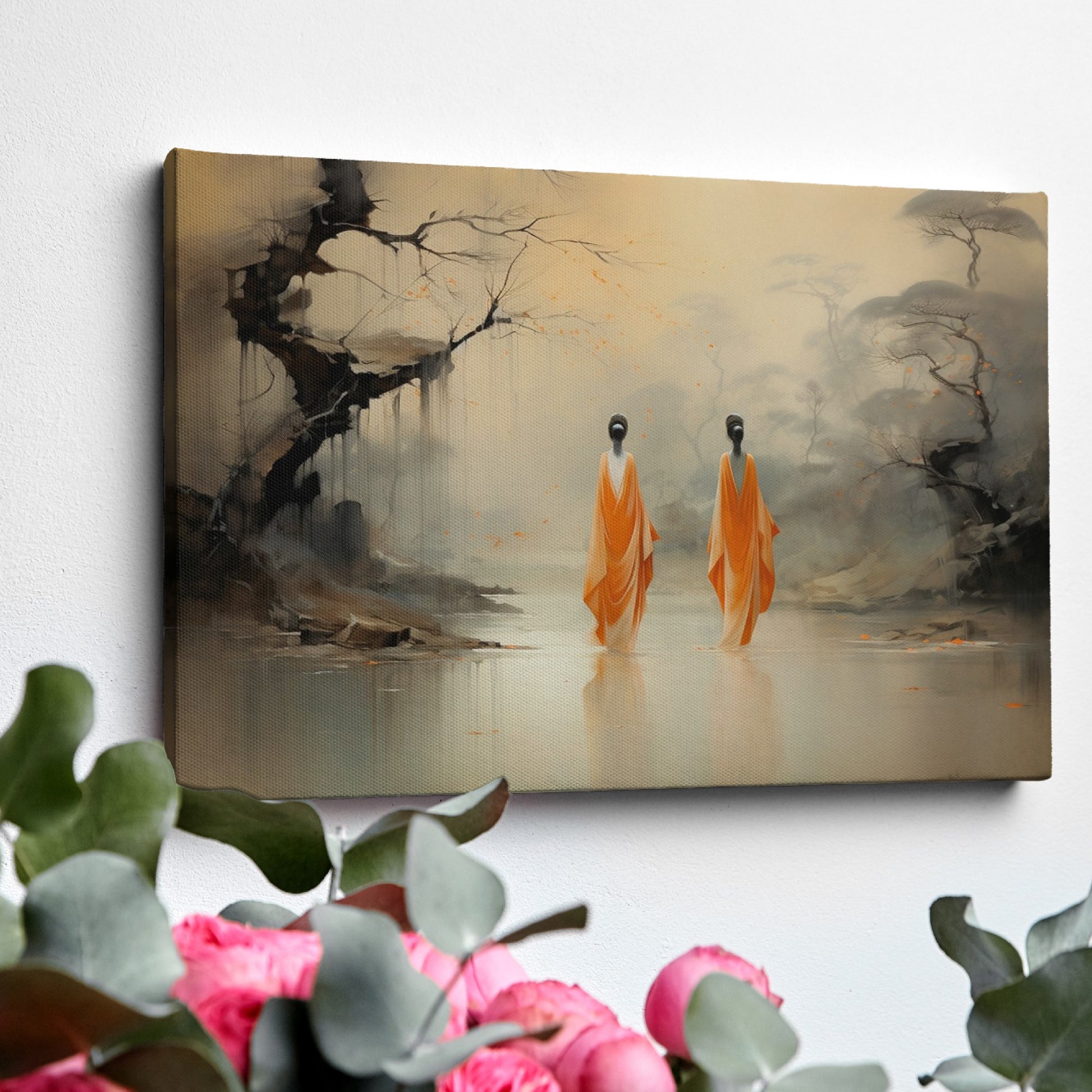 Framed canvas print of monastic figures in saffron robes by a misty river amidst autumn trees