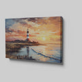 Framed canvas print of an impressionist lighthouse by the sea at sunset with vibrant colours