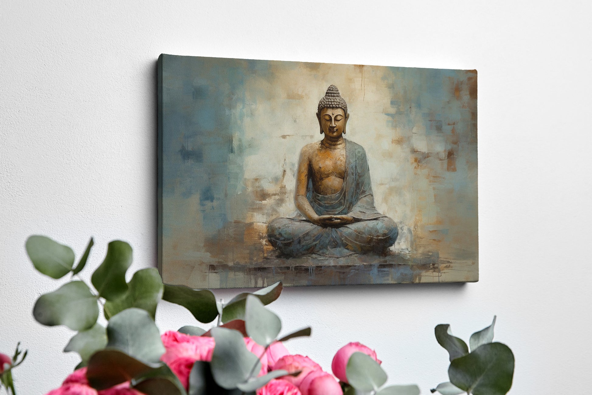 Framed canvas print of a serene Buddha in meditative pose with abstract earthy background