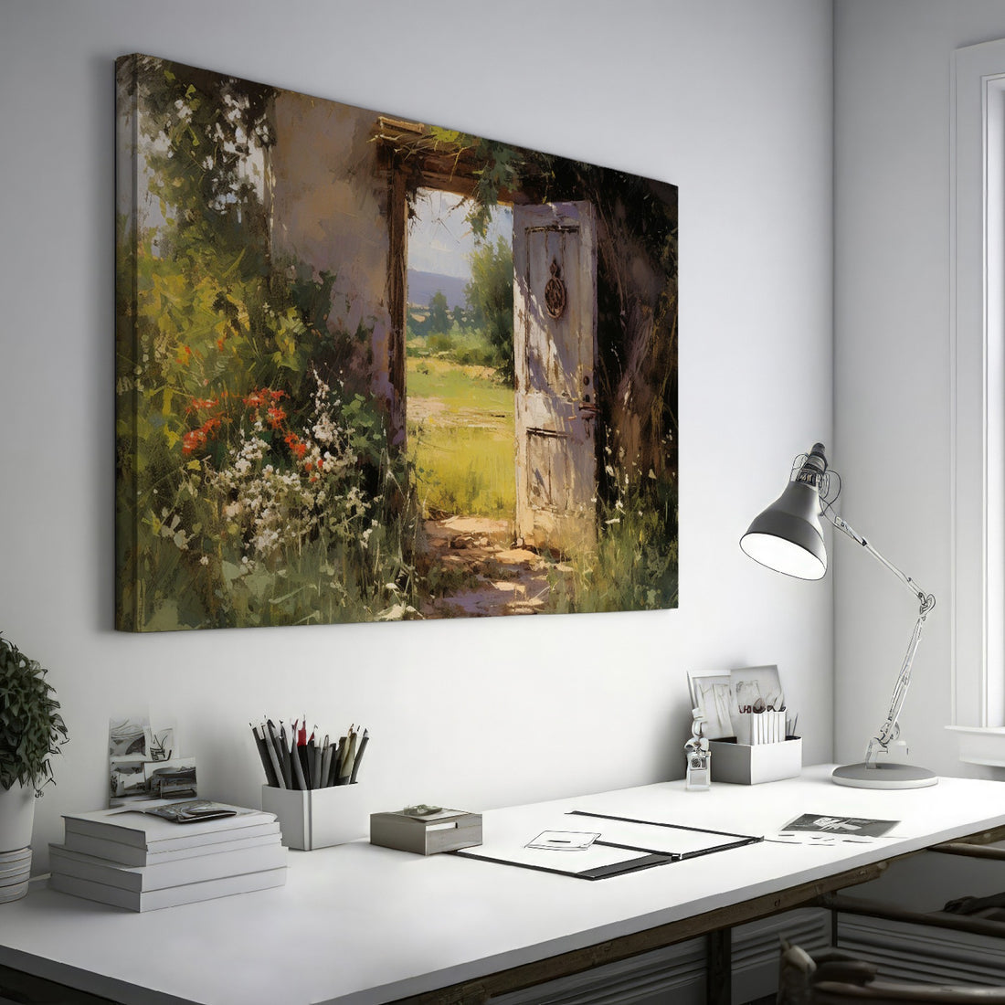 Framed canvas print of a vintage impressionist painting featuring a rustic doorway with blooming wildflowers leading to sunny countryside