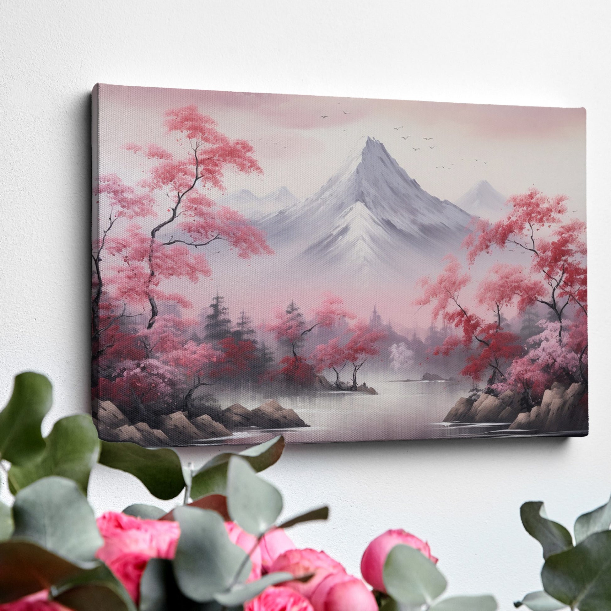 Framed canvas print of serene mountain landscape with pink cherry blossoms and mist