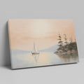 Peaceful landscape painting of a sailboat on a mirror-like lake with orange sky and pine trees