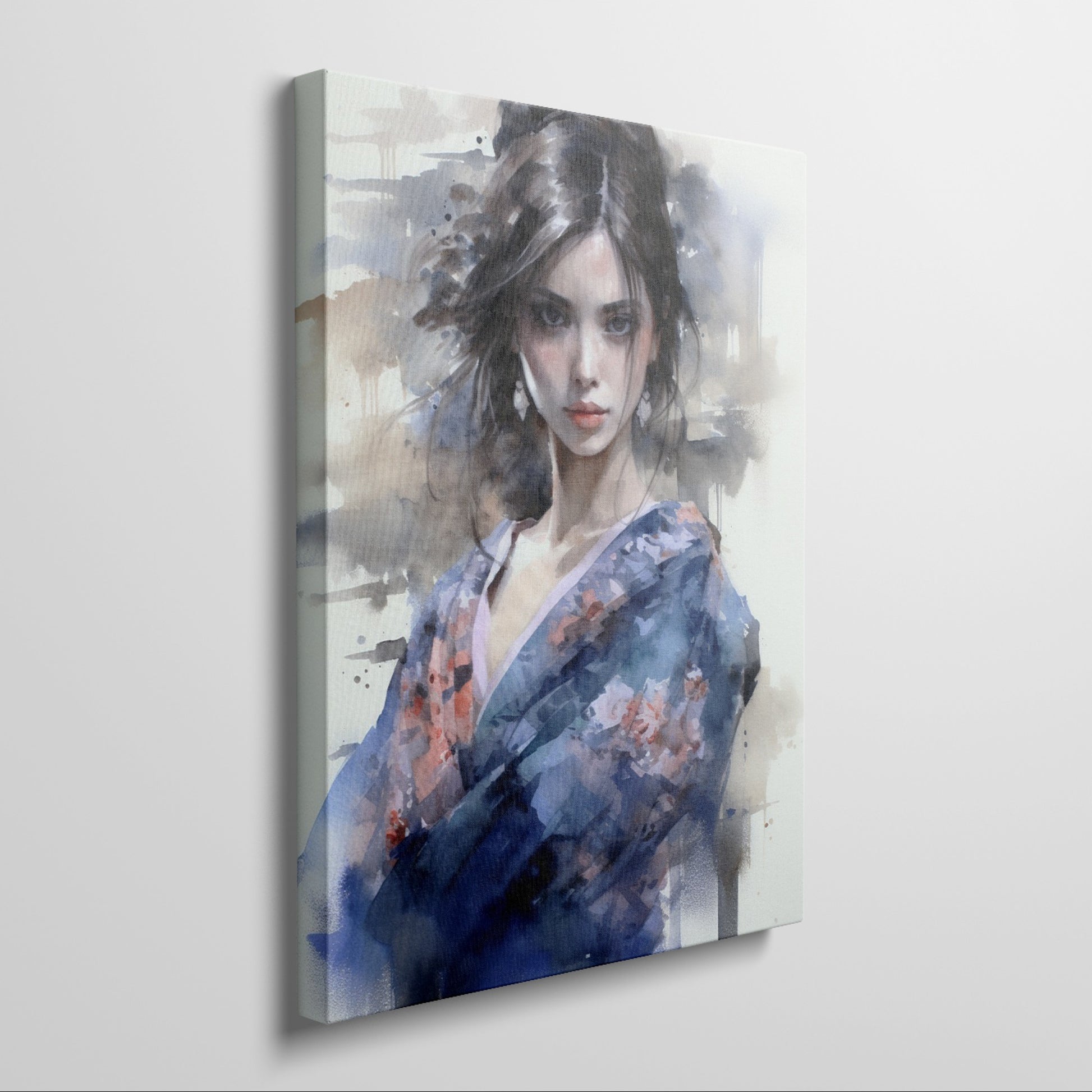 Framed canvas print of a watercolor painting depicting an elegant Geisha in a floral kimono