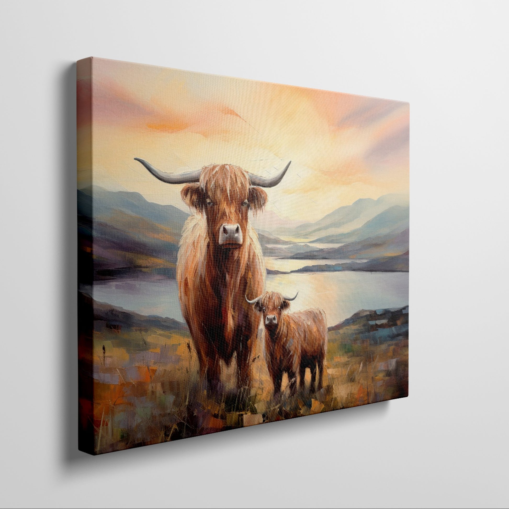 Framed canvas print of Highland cattle in a scenic landscape at sunset with warm hues