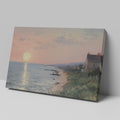 Framed canvas print of an Impressionist seascape with a sunset over the ocean and coastal village