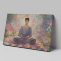 Framed canvas print of a meditative figure in a floral garden with soft pastel tones