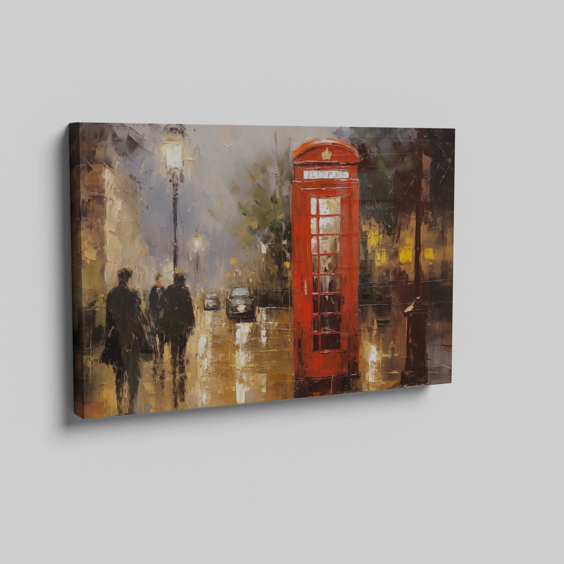 Framed canvas print of an impressionistic painting of a rainy London street with a red telephone box