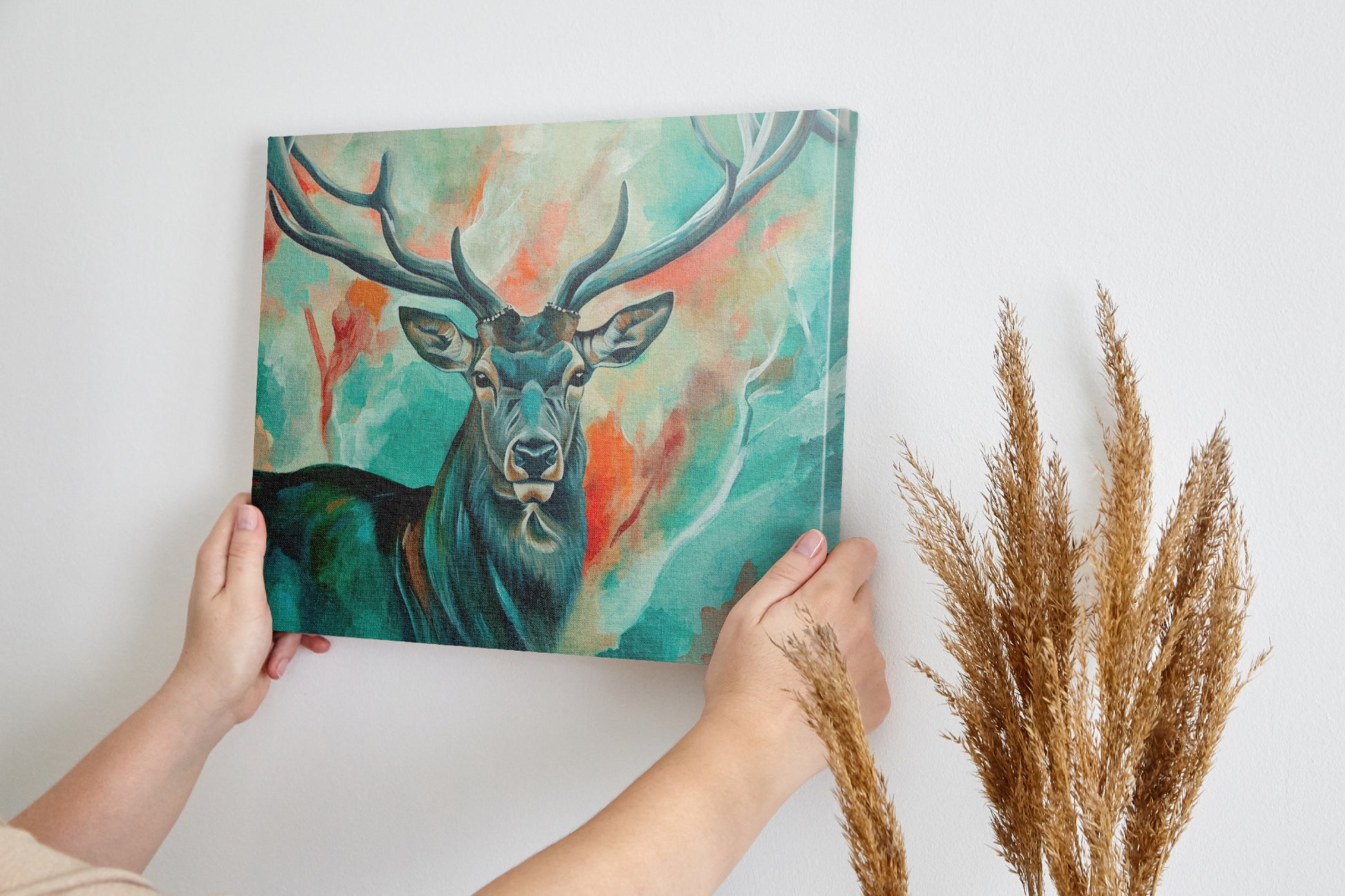 Framed canvas print of a colourful impressionistic painting of a stag with abstract elements