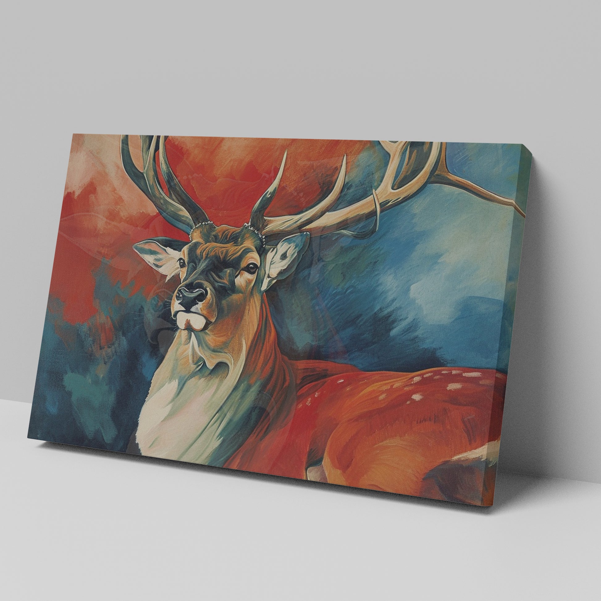 Framed canvas print of a vibrant, expressive deer with bold red and blue colours