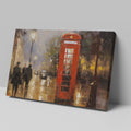 Framed canvas print of an impressionistic painting of a rainy London street with a red telephone box