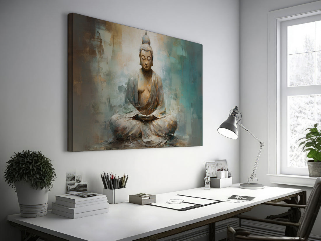 Framed canvas print of a meditative Buddha in abstract earthy tones