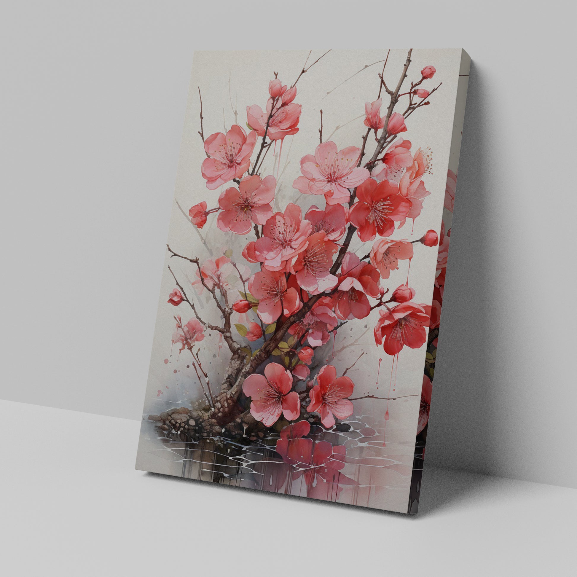 Framed canvas print of cherry blossoms with reflection and ink splashes