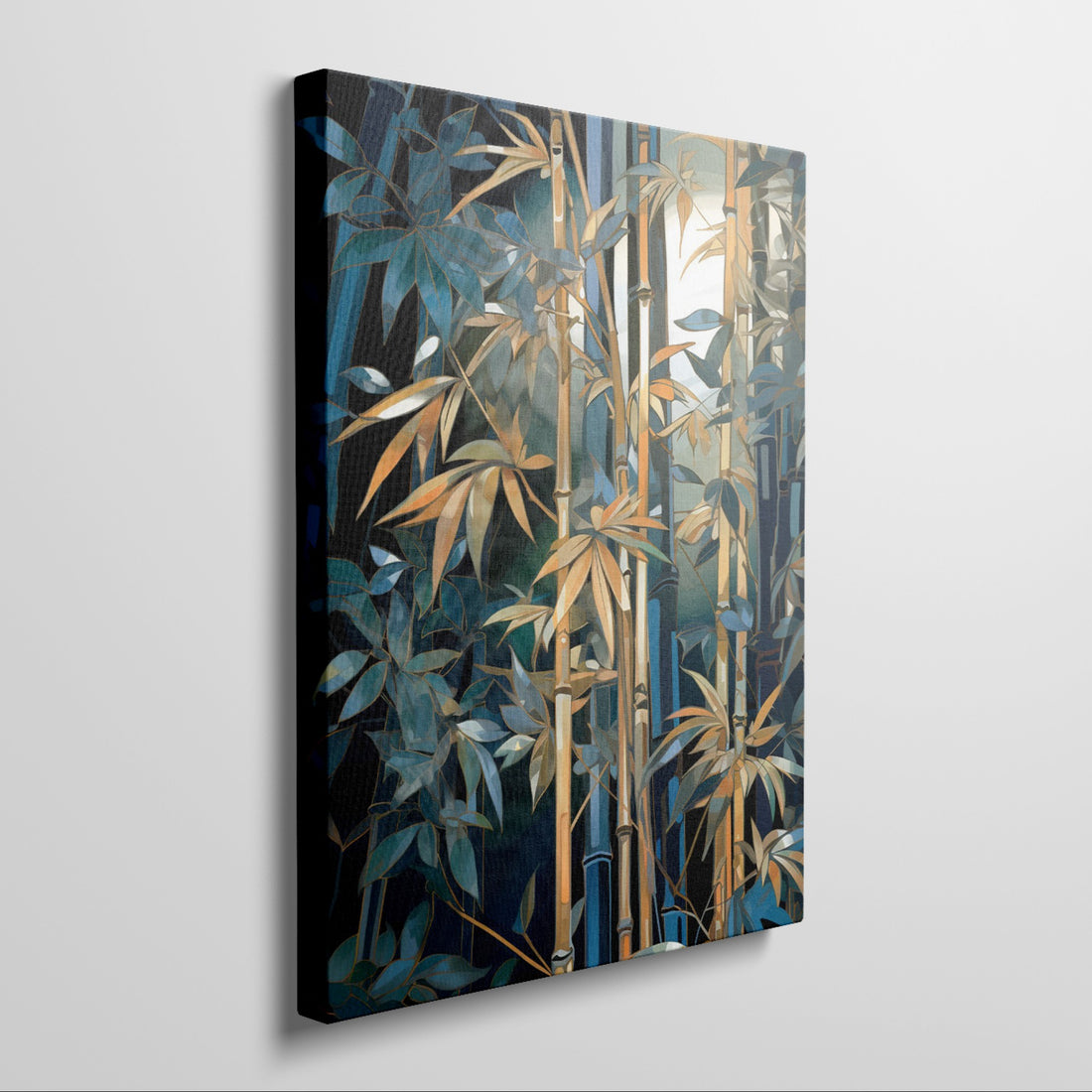 Stylised depiction of a bamboo grove with geometric shapes in greens, golds, and blue against a dark background