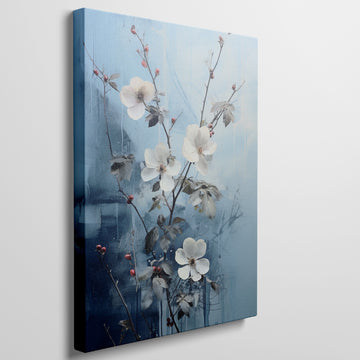 Framed canvas print of ethereal white blossoms with red berries against a textured blue abstract background